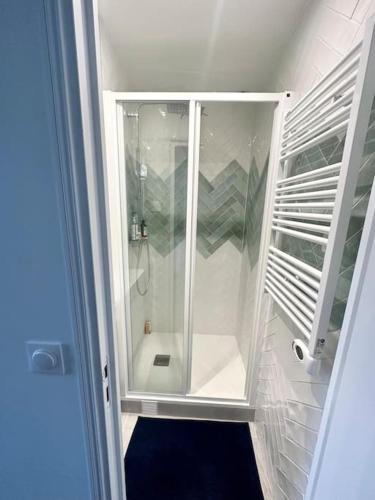 La salle de bains est pourvue d'une douche à l'italienne et d'une porte en verre. dans l'établissement Appartement Pantin, à Pantin