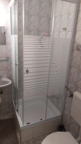 y baño con ducha y puerta de cristal. en Napsugár Panzió, en Vác