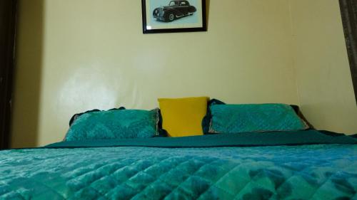 a bedroom with a bed with blue sheets and a car on the wall at Lakewood city Resort in Narok