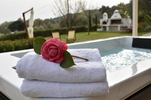 a rose sitting on top of towels in a bath tub at Anemi Superior Deluxe Suite in Kolios