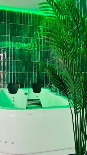 une salle de bain avec un mur végétal et une plante verte dans l'établissement Secret Garden, à Roubaix