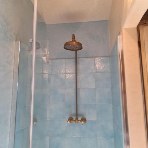 a shower with a light fixture in a bathroom at La casina-Maisonette in Serramazzoni
