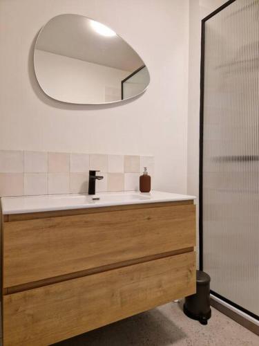 a bathroom with a sink and a mirror at Gezellig appartement in Vilvoorde in Vilvoorde