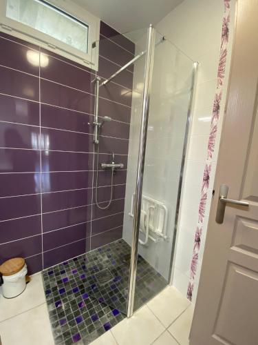 La salle de bains est pourvue d'une douche en verre avec du carrelage violet. dans l'établissement La voûte, à Le Noyer