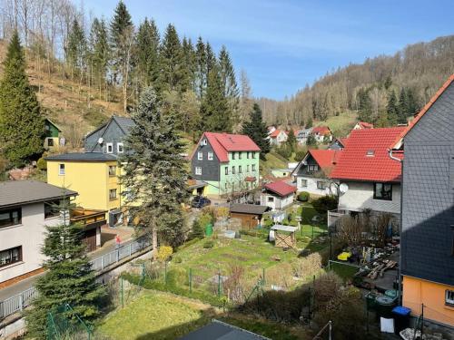 馬瑟爾貝格的住宿－Ferienwohnung im Thüringer Wald，享有村庄的空中景致,设有房屋