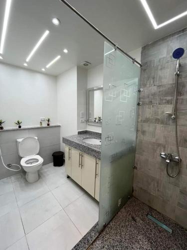 a bathroom with a shower and a toilet and a sink at luxor in Nag` Naqsha