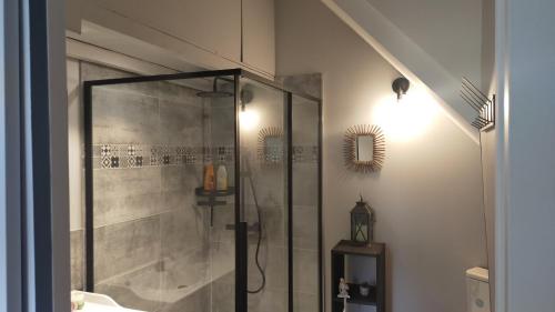 y baño con ducha con cabina de ducha de cristal. en L'étape du Canal - Pèlerins, Randonneurs, Vacanciers en Condom