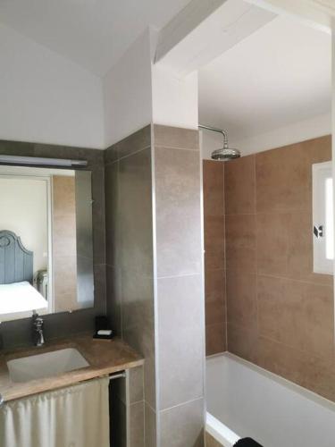 une salle de bain avec un lavabo et une baignoire dans l'établissement Maison paisible au cœur des corbieres, à Saint-Laurent-de-la-Cabrerisse