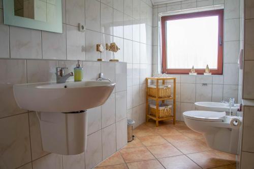 y baño con lavabo y aseo. en Idyllische Ferienwohnung in Seefeld, en Norderaussendeich