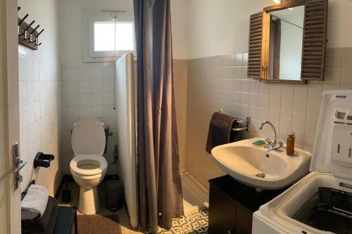 une salle de bain avec toilettes et lavabo dans l'établissement Maisonnette de plain-pied plein cœur du perche, à Igé