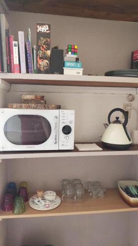 un four micro-ondes installé au-dessus d'une étagère dans l'établissement L'étape du Canal - Pèlerins, Randonneurs, Vacanciers, à Condom