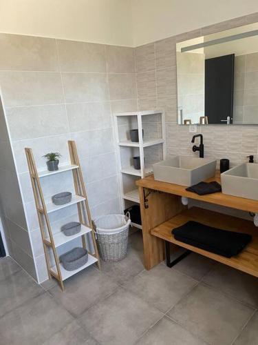 une salle de bain avec un lavabo et un miroir dans l'établissement Maison de plain-pied avec Piscine Privée, à Saint-Gilles