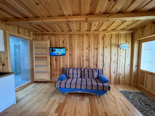ein Wohnzimmer mit einem Sofa in einem Zimmer mit Holzwänden in der Unterkunft Stripeikių Bitė in Varniškės I