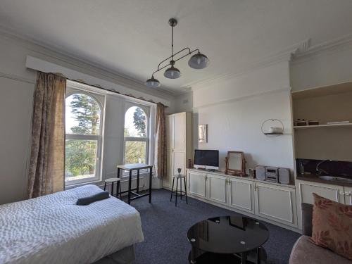 a bedroom with a bed and a desk and a television at SINGLETON SHORT STAYS R7r5 in Swansea