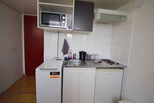 une petite cuisine avec un évier et un micro-ondes dans l'établissement Beau studio mezzanine meublé, à Courbevoie