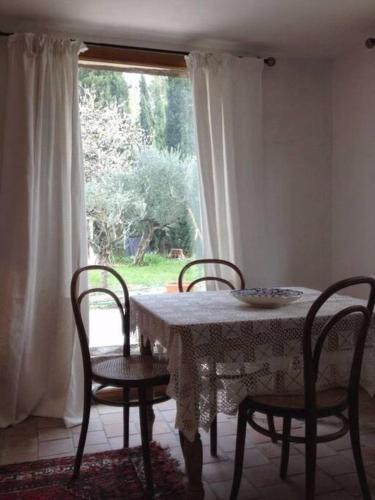 une table à manger avec quatre chaises et une fenêtre dans l'établissement Dreamy guesthouse amidst a marvellous property, à Caromb