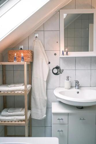 a bathroom with a sink and a white sink at FERIENWOHNUNG "Deichort" Meppen in Meppen