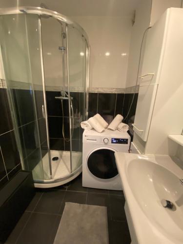 une machine à laver dans une salle de bain à côté d'un lavabo dans l'établissement Appartement cosy Paris centre Montmartre, à Paris