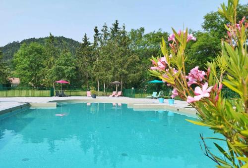 a swimming pool with blue water and pink flowers at Hotel De Plein Air Le Chanset in Ceyrat