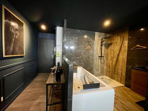 a bathroom with a shower and a sink at Sleep'In Cities Le Saphir Balnéo in Albi