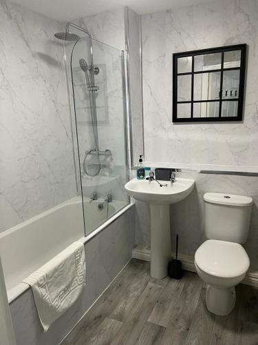 a bathroom with a toilet and a sink and a shower at Thornaby Apartment in Thornaby on Tees