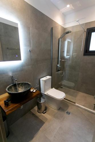 a bathroom with a sink and a toilet and a shower at Gaia Apartment II in Parga