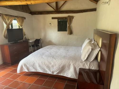 1 dormitorio con 1 cama y TV en una habitación en CASITA CAMPESINA A 20 MIN DE SOGAMOSO, en Sogamoso