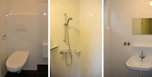 two pictures of a bathroom with a toilet and a shower at Bungalowpark Bij de Bronnen in Nutter