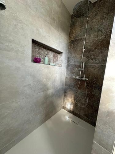 ein Bad mit einer Dusche und einer Glastür in der Unterkunft Gîte des Pape in Bédoin
