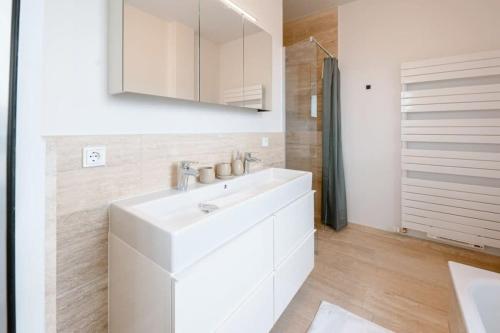 uma casa de banho branca com um lavatório e um espelho em City Elegance in Historic Ville-Haute ID173 em Luxemburgo