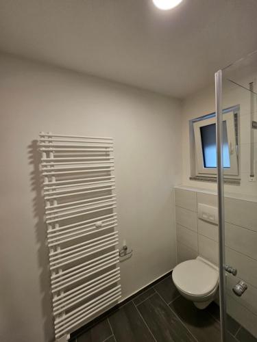 a bathroom with a toilet and a window at State of the Art Apartment in the City Center Nürnberg in Nuremberg