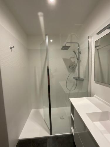 Un baño blanco con ducha y lavabo. en LA BERGERIE, en Domessargues