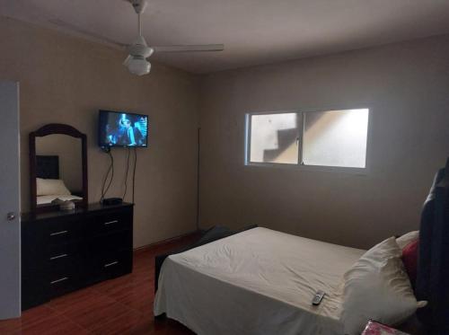 a bedroom with a bed and a mirror and a tv at New apartment close to everything in Santiago de los Caballeros