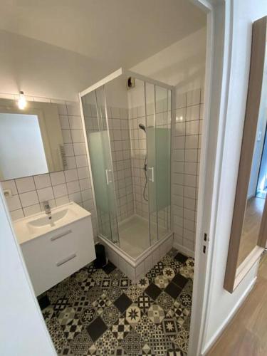 une salle de bain avec douche et lavabo dans l'établissement Appartement Centre Salins 4 pers, à Clermont-Ferrand