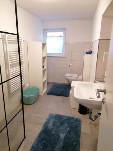 a bathroom with a sink and a toilet and blue rugs at Fewo Halbe Tanne in Schonach