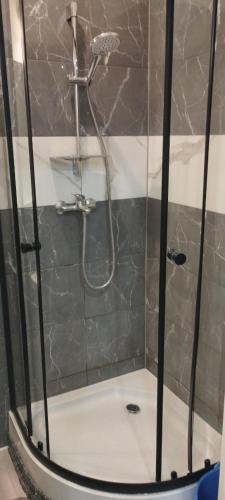 una doccia con una porta in vetro in un bagno di U Hanki a Łódź