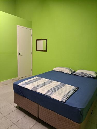 a bed in a room with a green wall at Girassol Hostel by Katita in Paraty