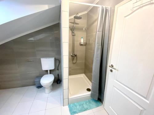 a small bathroom with a toilet and a shower at Apartments Suzi Crikvenica in Crikvenica