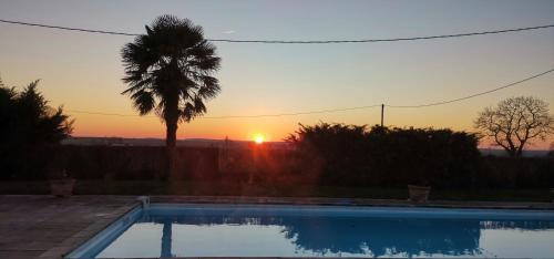 a sunset over a swimming pool with a palm tree at Chambres d'hôtes des Princes de Bel Air in Loudun