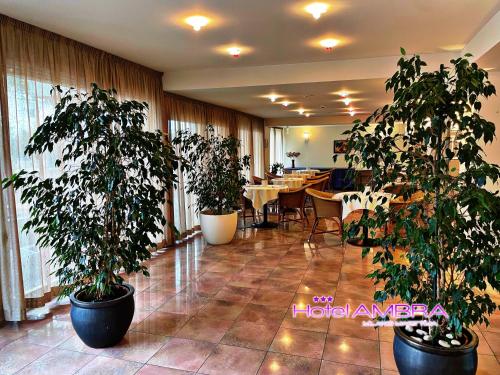 a lobby with two large potted plants in a room at HOTEL AMBRA - Fronte Mare - Vicinissimi al Centro in Milano Marittima