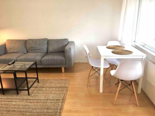 ein Wohnzimmer mit einem Sofa, einem Tisch und Stühlen in der Unterkunft Viihtyisä kaksio lähellä keskustaa ja yliopistoa. in Turku