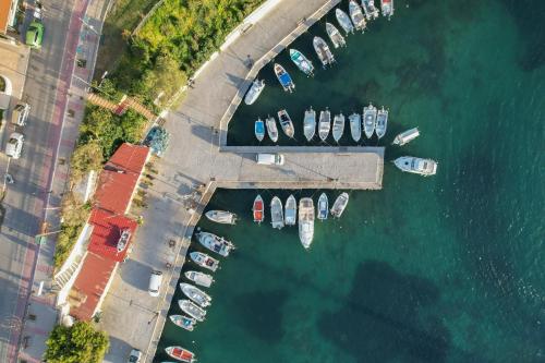 an overhead view of boats docked in a harbor at Arocaria Apartments in Chania Town