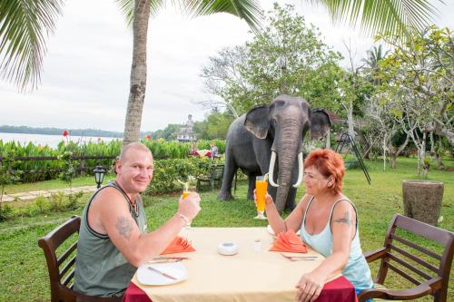 a man and woman sitting at a table with an elephant in the background at AIDA Hotel - Bentota in Bentota