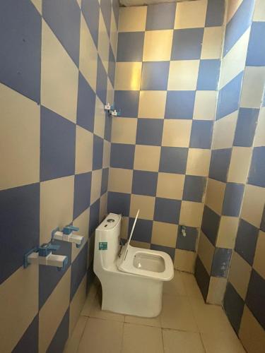 a bathroom with a toilet with blue and white tiles at Moonlight hotel in Greater Noida