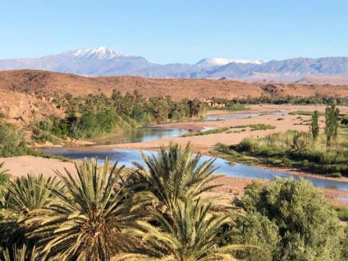 une rivière dans le désert avec des palmiers et des montagnes dans l'établissement Marhaban, à Ouarzazate