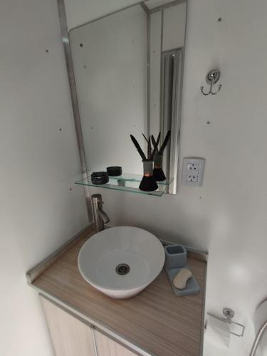 a bathroom with a sink and a mirror at La Campigna, Neuquen in Plottier