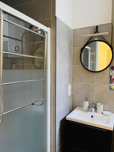 une salle de bain avec un lavabo et un miroir dans l'établissement LE CAUBOUS Plein centre Appartement calme avec chambre et cuisine équipée, à Bagnères-de-Bigorre