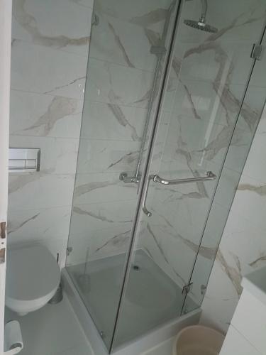 a bathroom with a glass shower with a toilet at Dom Marek in Wisełka