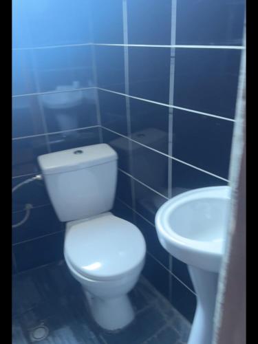 Allooo Docteur في دوالا: حمام من البلاط الأزرق مع مرحاض ومغسلة
