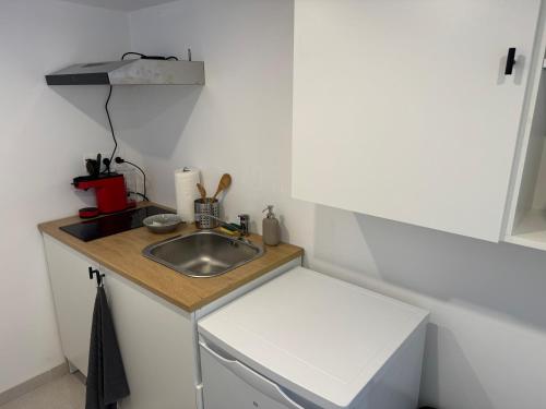 une petite cuisine avec un évier et un comptoir dans l'établissement Studio Cosy, 5 minutes du Palais des festivals, à Cannes